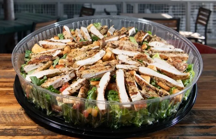 Salad catering tray — grilled chicken, romaine, croutons and tomatoes
